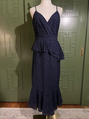 Yumi Kim Navy Eyelet Peplum Midi Dress with Spaghetti Straps